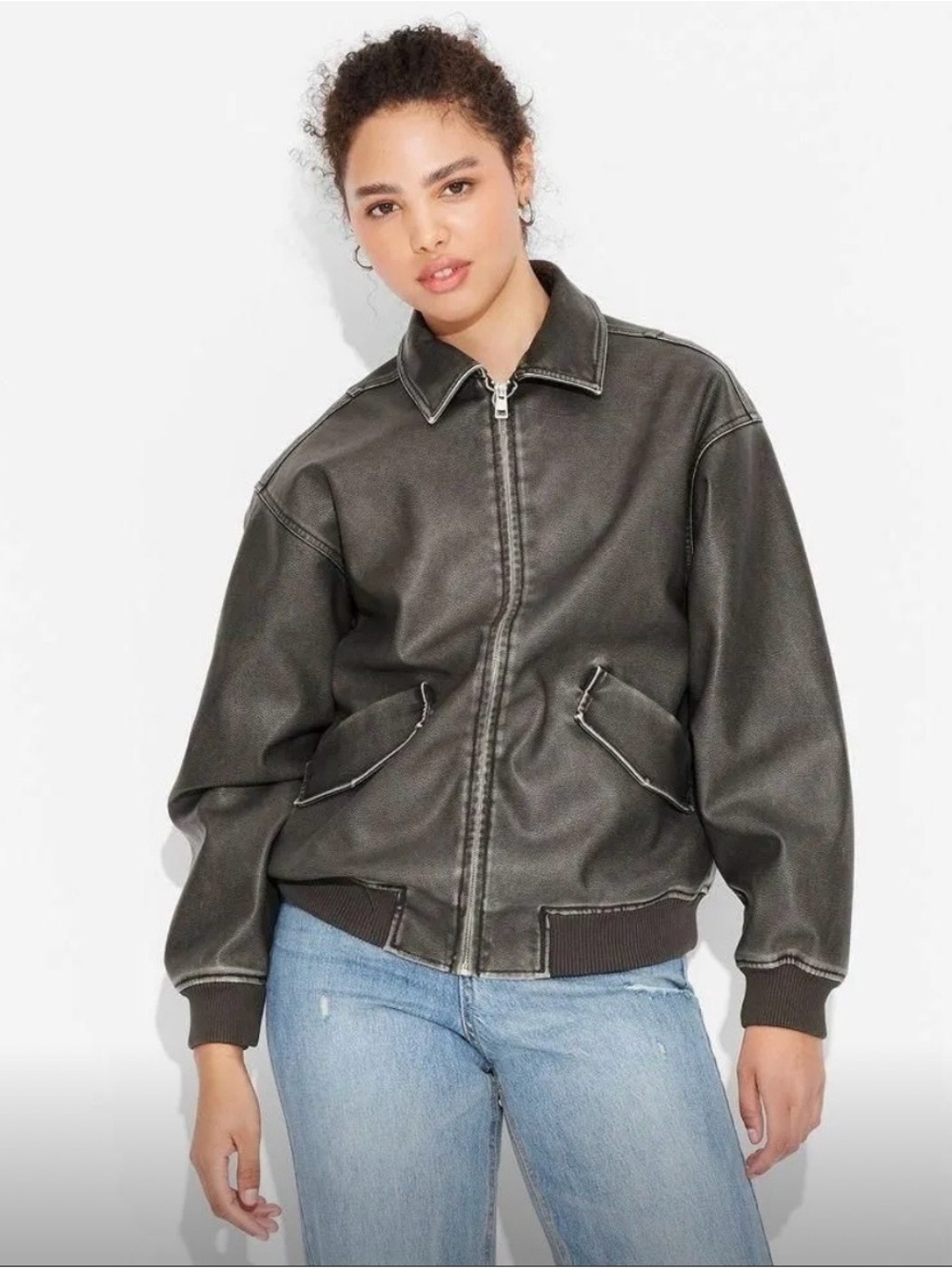 NWT Women’s wild fable Faux leather Black Bomber Jacket - Picture 2 of 4
